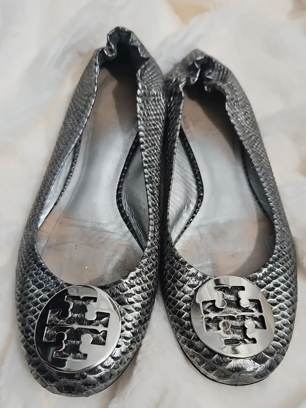 Tory Burch Metallic Black Snake-Embossed Ballet Flats